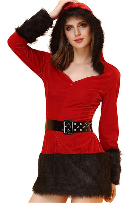 Sexy Red Christmas Dress With Black Fur Trim And Belt