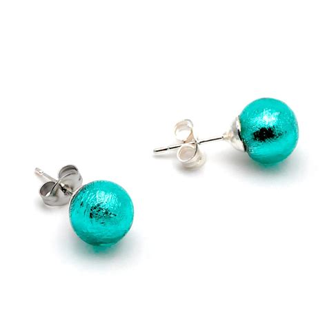 Boucles D Oreilles Clou Bleu Turquoise En Veritable Verre De Murano De