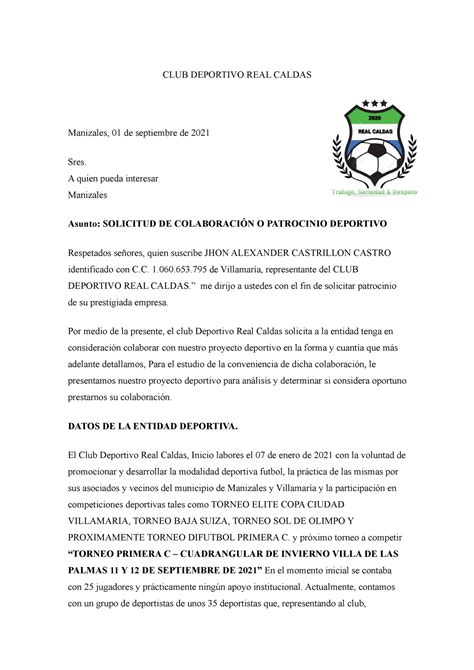 Propuesta De Patrocinio CLUB DEPORTIVO REAL CALDAS Manizales 01 De