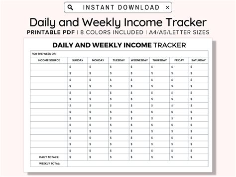Printable Daily and Weekly Income Tracker, Income Tracker Printable