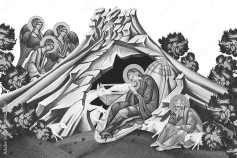 Jesus birth. Christmas sketch illustration - fresco in Byzantine style ...