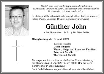 Traueranzeigen von Günther John Allgäuer Zeitung