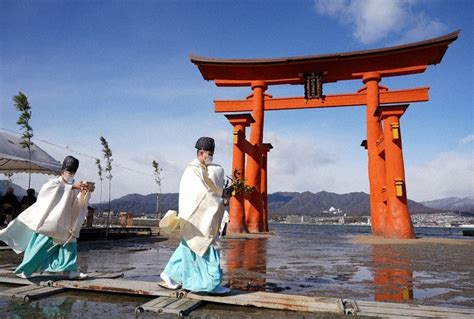 待ちわびた朱 厳島神社の大改修完了 大鳥居前で神事 ／広島 毎日新聞