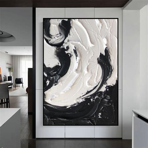 Black White Minimalist Painting, Black White Wall Art Black White 3D Abstract Art, Original ...