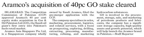 Dawn EPaper Apr 30 2024 Aramco S Acquisition Of 40pc GO Stake Cleared