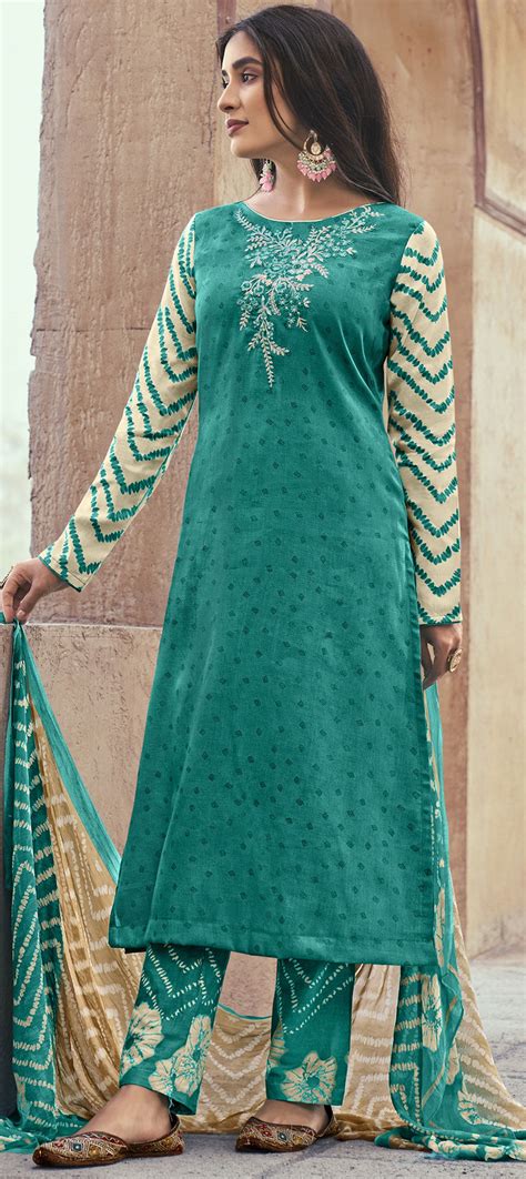 Festive Party Wear Green Color Cotton Fabric Salwar Kameez 1873828