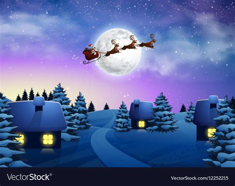 Christmas houses in snowfall night full moon Vector Image