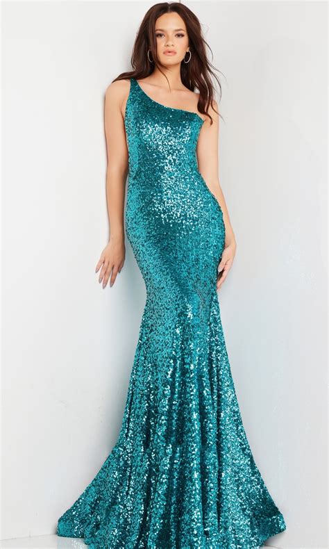 One Shoulder Long Sequin Prom Dress With Sheer Sides