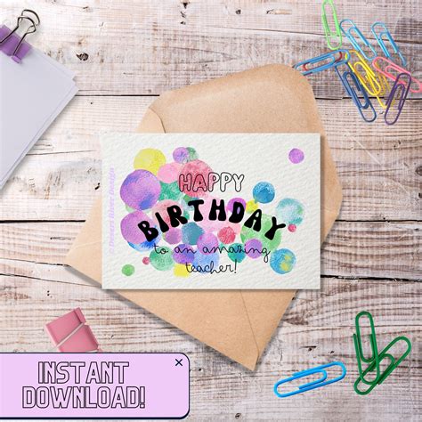 Teacher Birthday Card Happy Birthday to an Amazing Teacher Digital Printable Card, Hand Painted ...