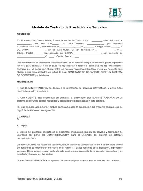 Modelo De Contrato De Prestación De Servicios Pdf Software