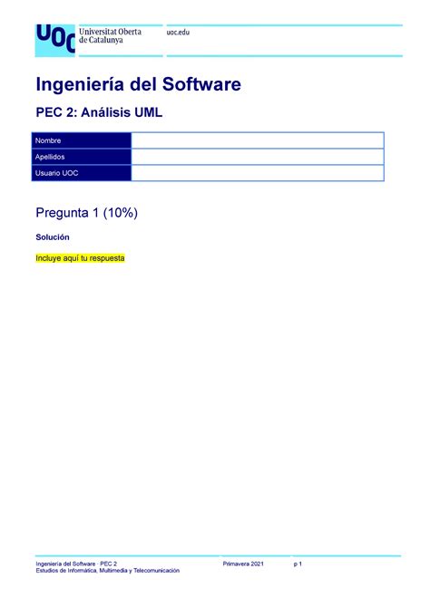 IS PEC2 template Plantilla resolución PEC 2 Ingeniería del Software