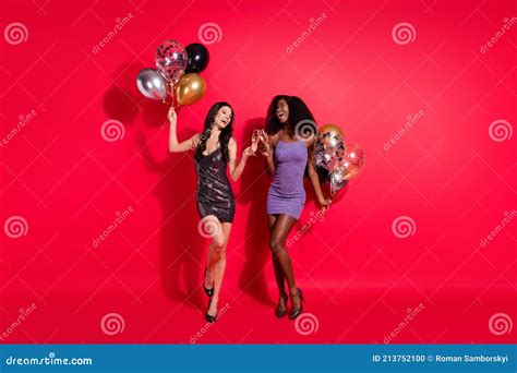 Full Body Photo Of Brunette Stunning Women Hold Balloons Make Toast Wear Glamour Clothes