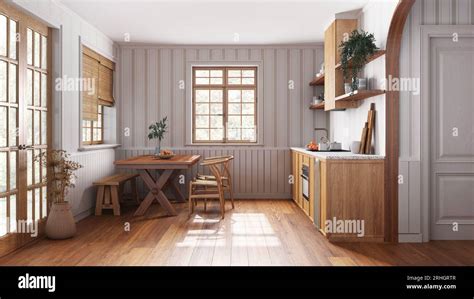 Farmhouse Wooden Kitchen With Dining Room In White And Beige Tones