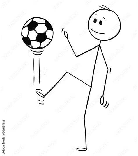 Cartoon stick man drawing conceptual illustration of football or soccer player juggling or ...