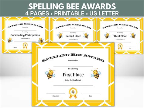 Spelling Bee Award Certificate Printable 4 Pages Including First Place ...