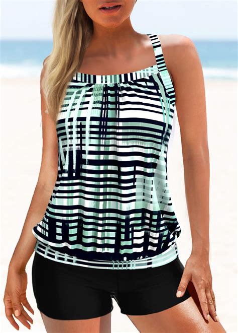 Criss Cross Geometric Print Mint Green Tankini Top Modlily USD