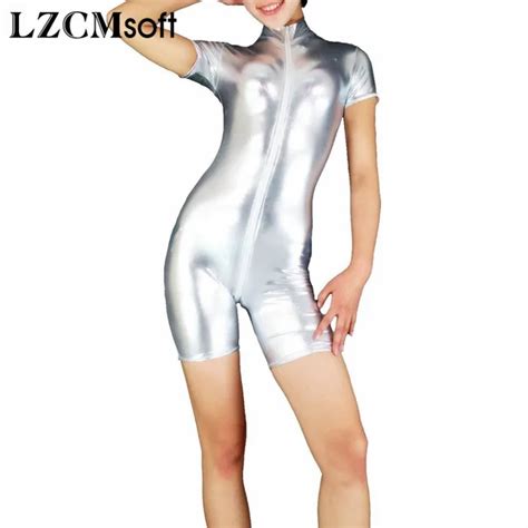 Lzcmsoft Adult Gold Shiny Metallic Unitard Women Spandex Turtleneck Short Sleeve Biketard