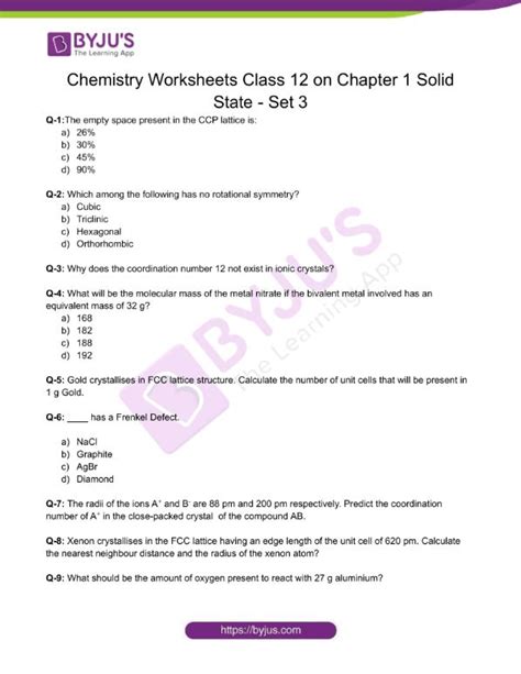 Class 12 Chemistry Worksheet On Chapter 1 Solid State Set 3