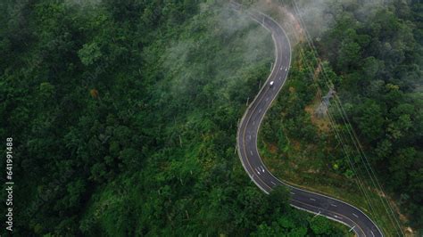 Aerial View Road In The Middle Forest Top View Road Going Through