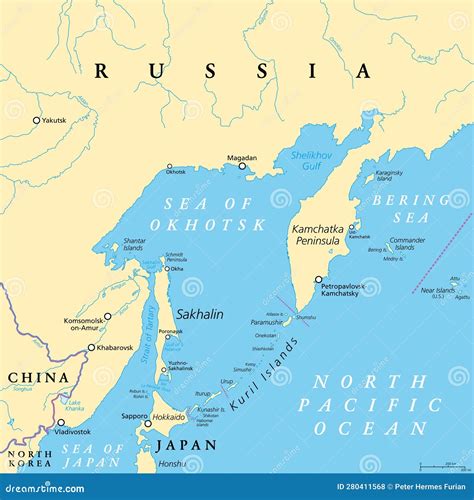 Sea of Okhotsk, a Marginal Sea of the Pacific Ocean, Political Map ...