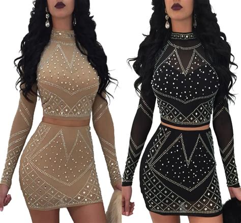 2018 Crystal Pearl Beaded Embellished Skirt Set Women Long Sleeve Party Club Bodycon Dress Suits