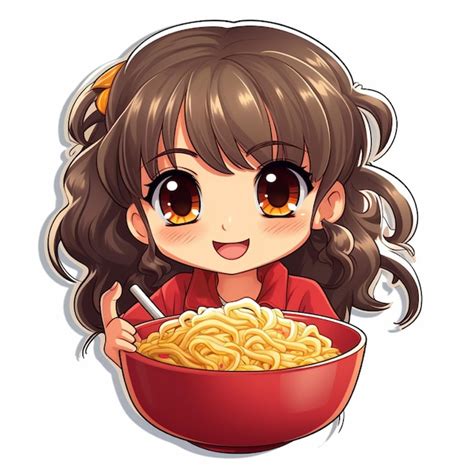 Premium Photo Sticker Of Cute Kawaii Girl Eating Ramen