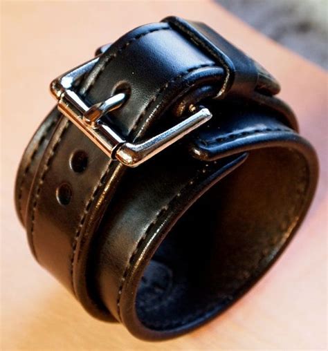 Black Leather Cuff Bracelet Hand Stitched With Fine Leatherworking