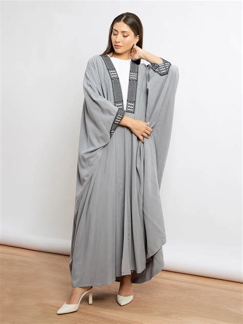 Latest Abayas Clothing Tarha Gray Embroidery Bisht Abaya Wide