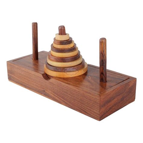 Shriji Wooden 9 Rings Tower Of Hanoi Puzzle Game Handmade Brown Iq Brain Teaser Educational Game