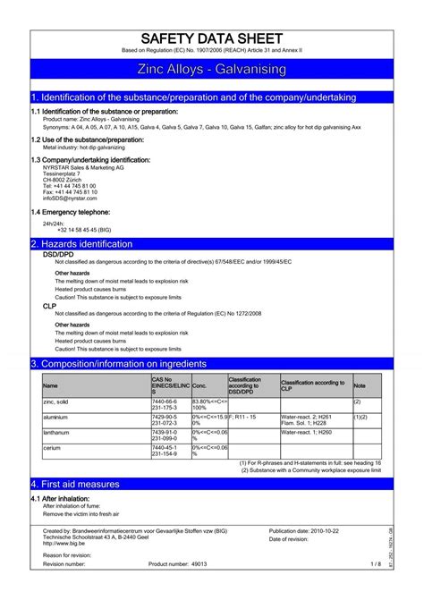 SAFETY DATA SHEET Zinc Alloys Galvanising Nyrstar