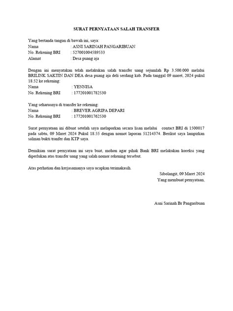 Surat Pernyataan Salah Transfer Pdf