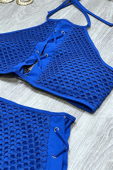 Bikini Taille Haute En Filet Bleu Avec Lacets Et Dos Nu