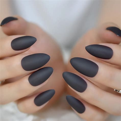 Black Gray Grey Matte Stiletto Frosted False Fake Nail Tips Oval Sharp