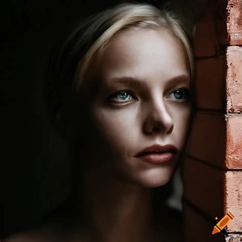 Beautiful Woman With Short Blond Hair Posing Near An Old Brick Wall On Craiyon