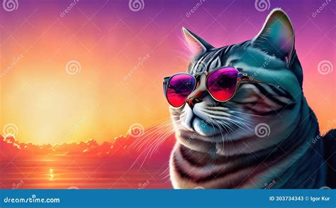 Funny Illustration With A Cute Cat Wearing Sunglasses 4k Stock