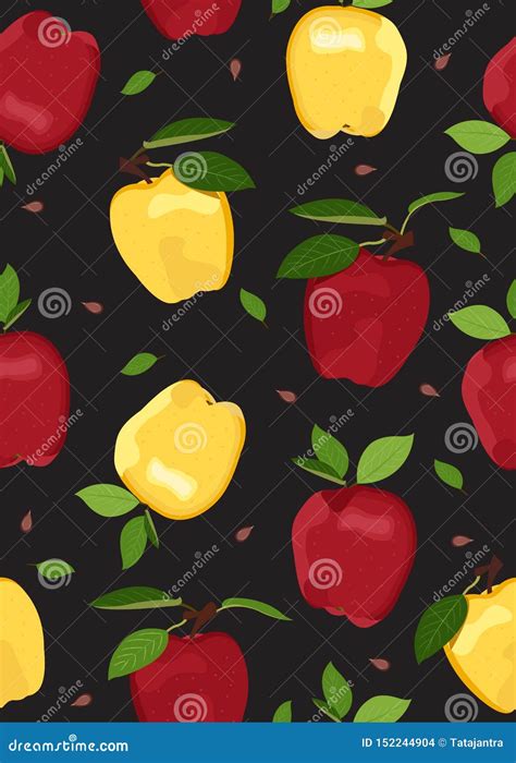 Apple Seamless Pattern On Black Background Red And Yellow Apples