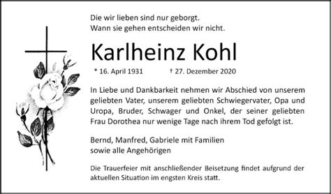 Traueranzeigen Von Karlheinz Kohl Trauerportal Ihrer Tageszeitung