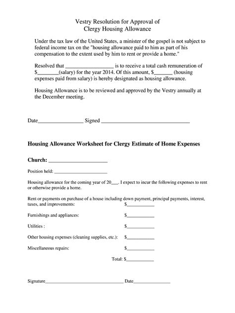 Fillable Online Archives Gulfatlanticdiocese Housing Allowance Worksheets Library