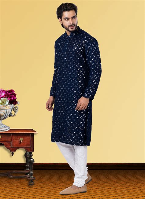 Buy Navy Blue Georgette Festival Wear Mirror Work Kurta Pajama Online