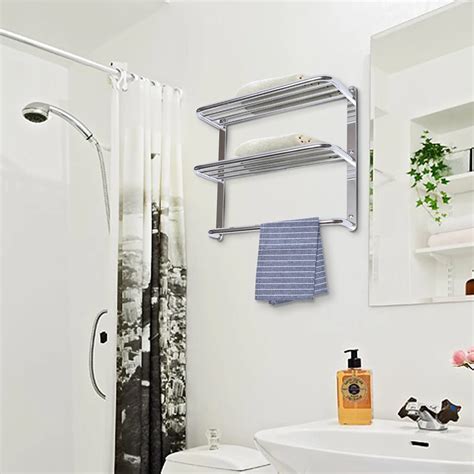 2 Tier Wall Mounted Towel Rack Bathroom Hotel Rail Holder Storage Shelf