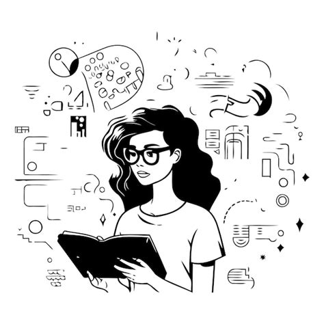 Ilustraci N Vectorial De Una Mujer Joven Con Gafas Leyendo Un Libro