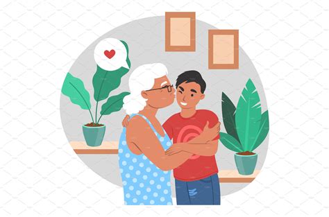 Happy Grandmother Hugging And People Illustrations ~ Creative Market