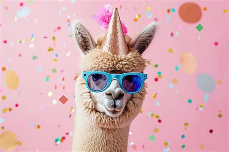 Alpaca With Party Hat And Sunglasses On Pink Background With Confetti