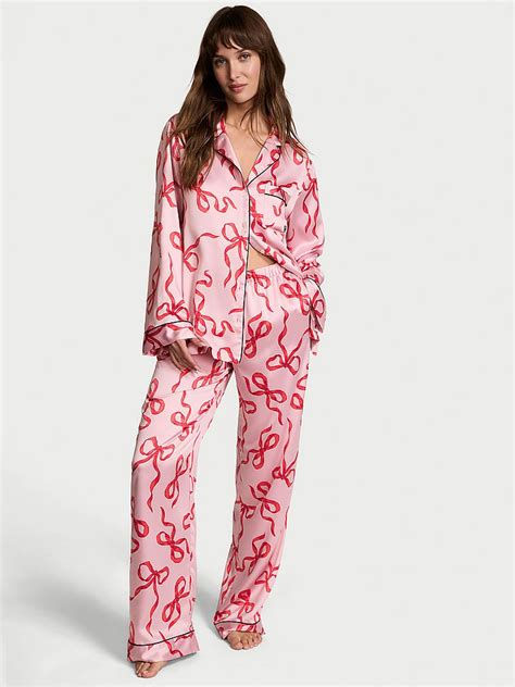 Chalk Rose/Lipstick Bows Pink Satin Long Pyjama Set | Victoria's Secret UK
