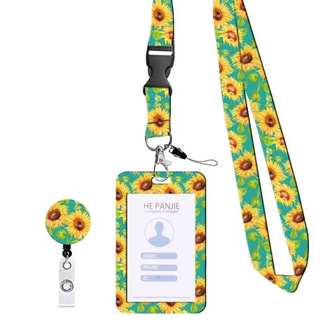 Jangslng Id Card Holder With Lanyard Sunflower Design Stretchable