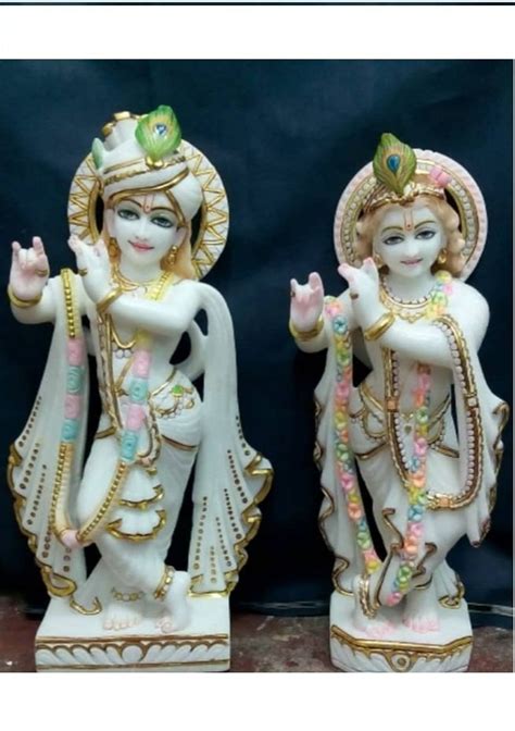 Painted Hindu White Marble Krishan Radha Statue For Worship Size 2