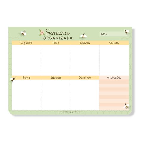 Bloco Planner Semanal Cart Es Gigantes Linha Abelinha Papelaria Lovella