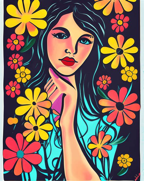 Hippie Art Painting 60 S Style Hippie Girl With Flowers · Creative Fabrica