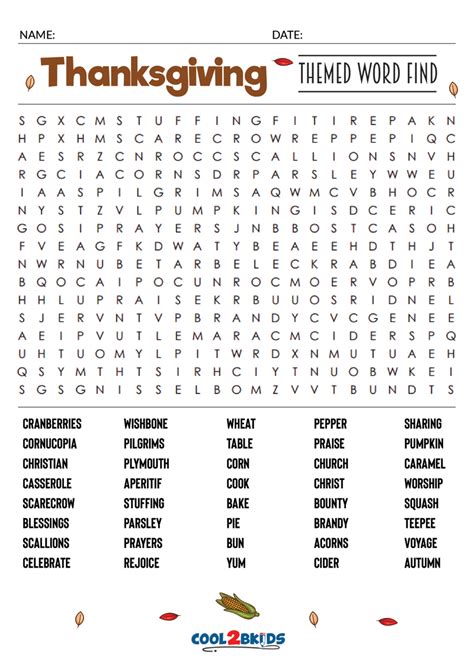 Printable Thanksgiving Word Search Cool2bkids