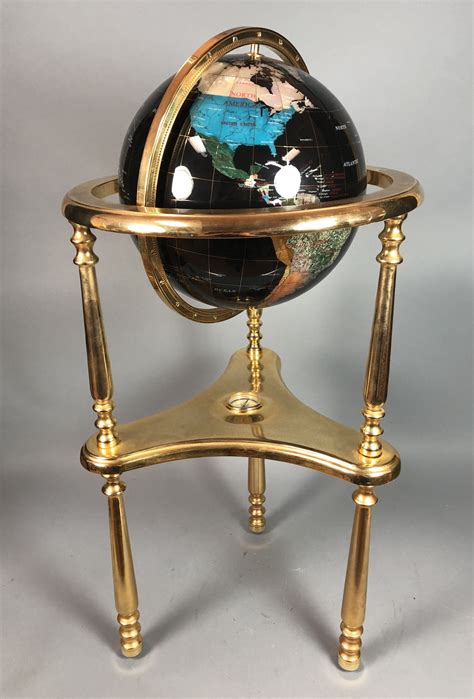 CONTEMPORARY INLAID STONE GLOBE ON BRASS STAND W